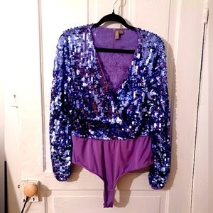 ASOS Lavender Silver Sequin Bodysuit top Blouse Long-sleeve Sz 12